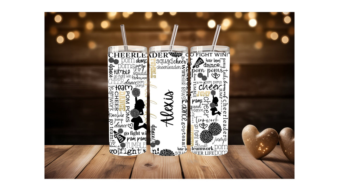 Customized Cheer Tumbler | 20oz Cheer Tumbler |20oz Skinny Tumbler | Sports Skinny Tumbler | Personalized Cheer Tumbler | Gold Cheer Tumbler