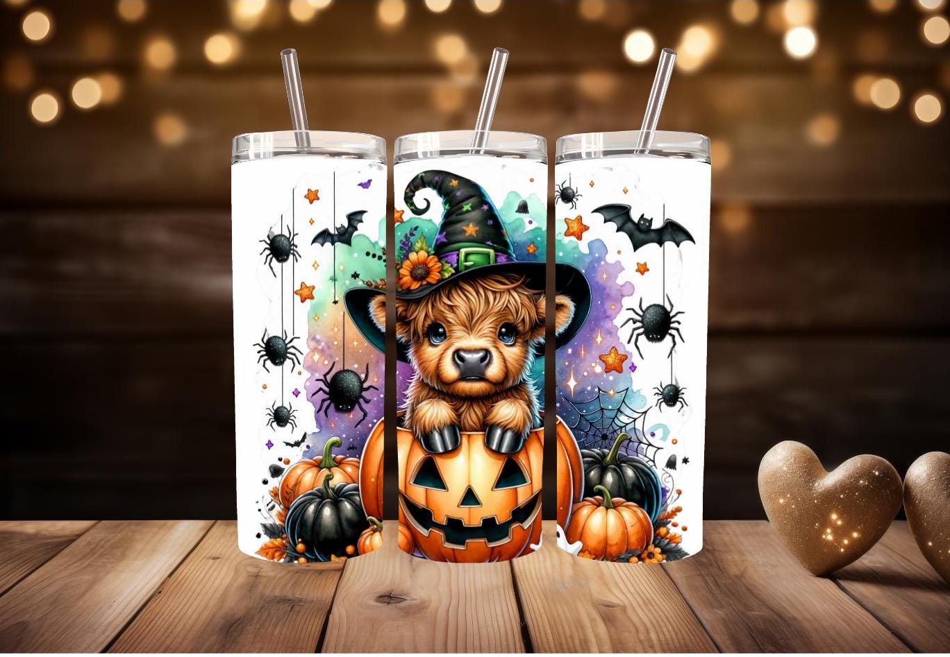 Halloween Highland Cow Tumbler | 20oz Tumbler | Highland Cow with Witch Hat Tumbler | Halloween Tumbler |Halloween Water Bottle