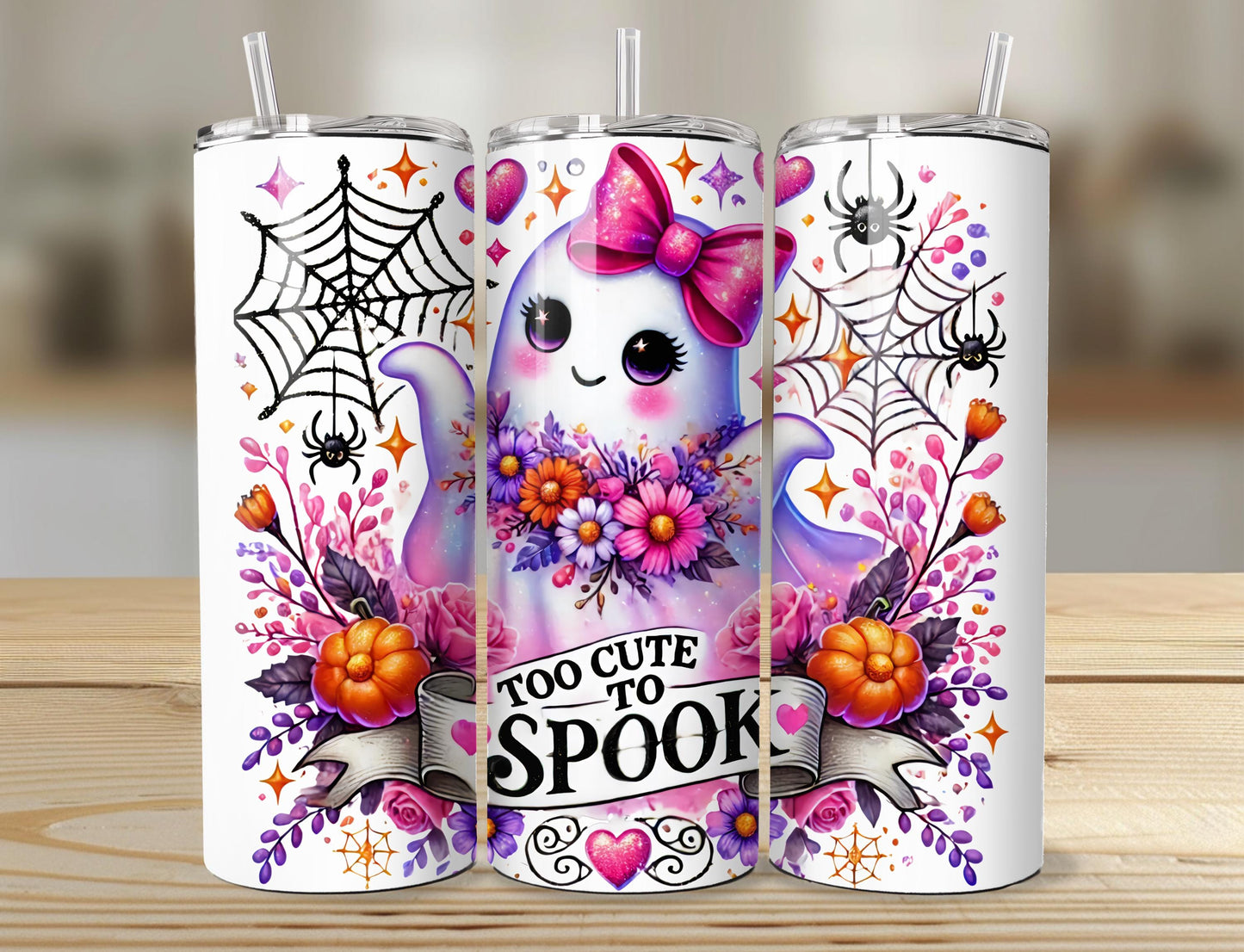 Too Cute To Spook Ghost Tumbler | 20oz Tumbler | Halloween Tumbler | Halloween Water Bottle | Cute Ghost Tumbler | Ghost With Pink Bow
