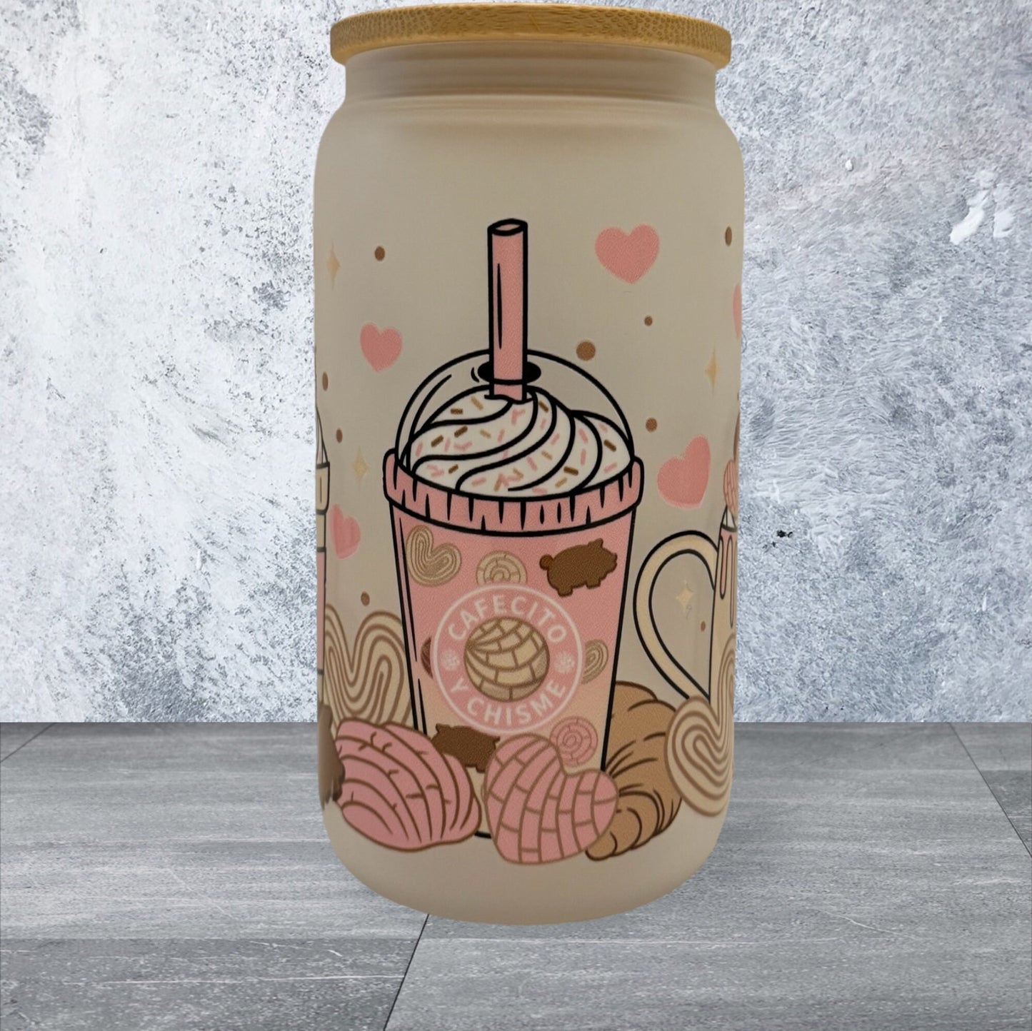 Valentine Coffee themed libby glass cup | Valentine Glass Cup with bamboo lid | Coffee Print Glass Cup with bamboo lid