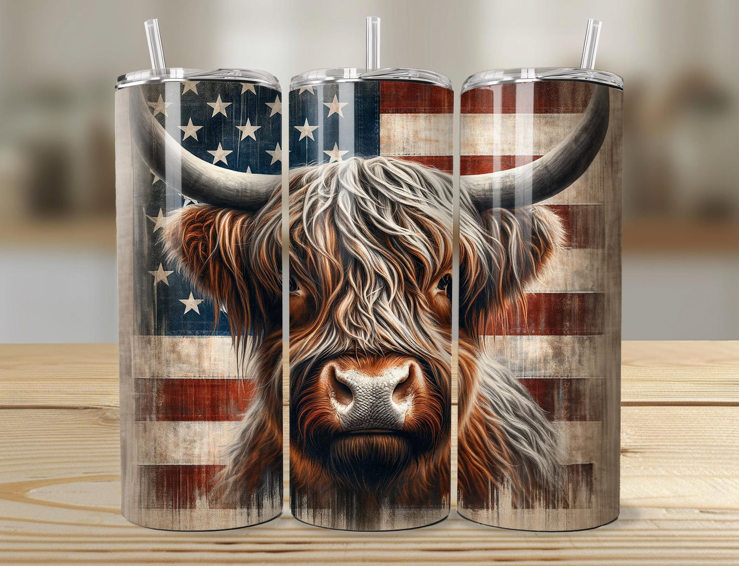Highland Cow Tumbler | 20oz Highland Cow with American Flag Tumbler | Skinny Tumbler | 20oz Highland Cow Tumbler