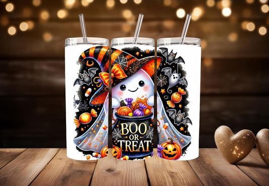 Boo or Treat Ghost Tumbler | 20oz  Tumbler | Halloween Tumbler | Halloween Water Bottle | Cute Ghost Skinny Tumbler |