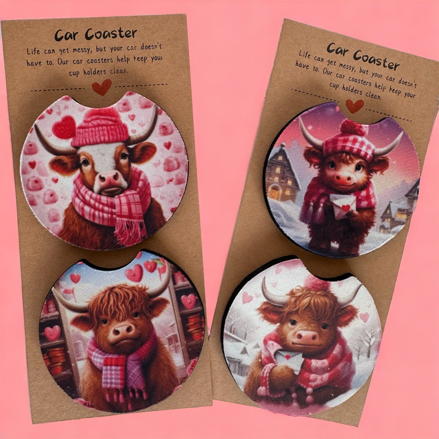 Valentine Highland Cow Car Coaster