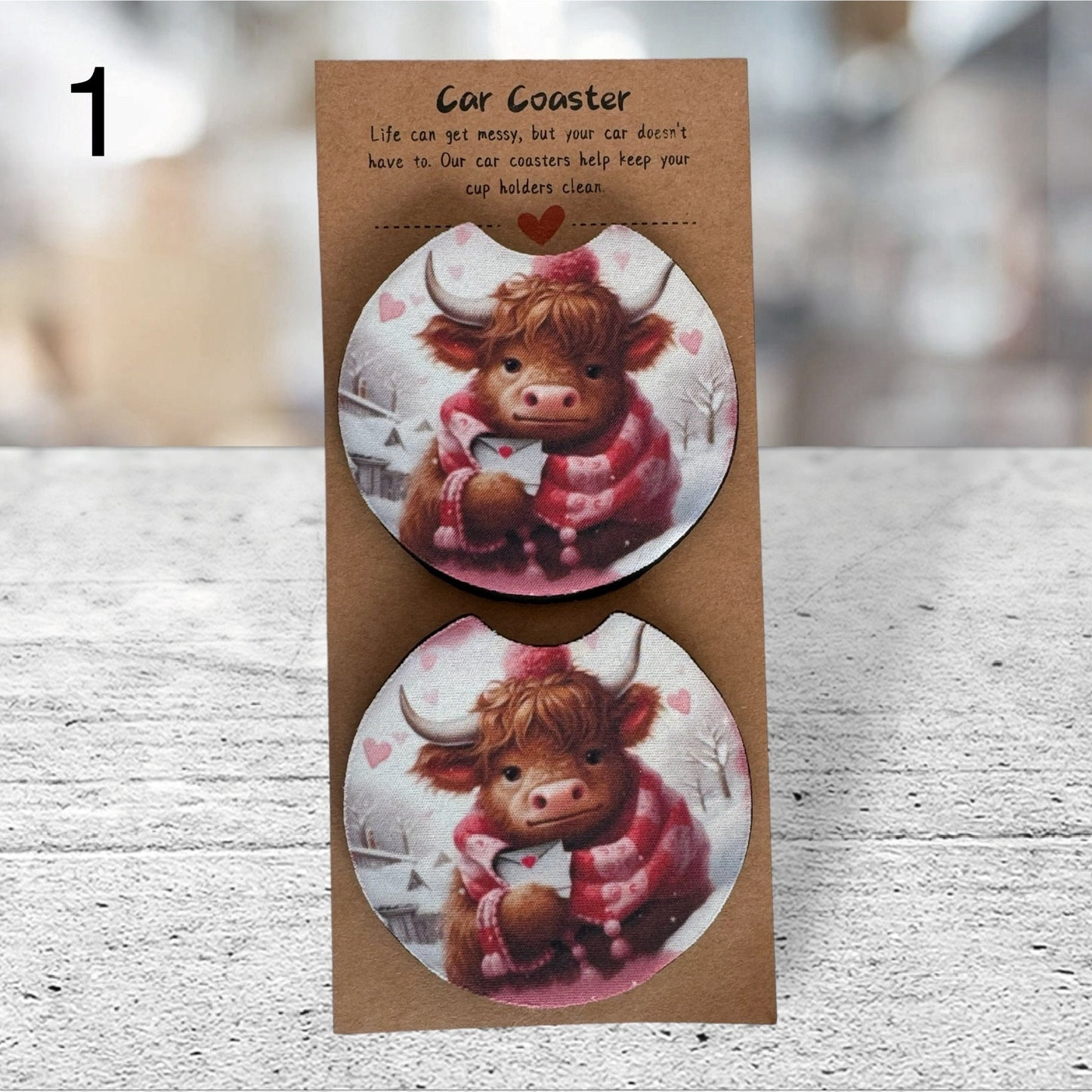 Valentine Highland Cow Car Coaster